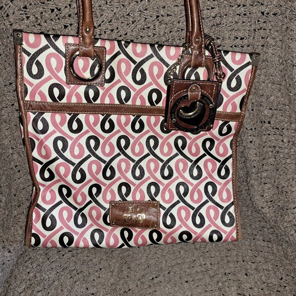 VINTAGE JUICY COUTURE-Y2K Geometric Pink/Brown Tote-Large Leather Charm-Excellen - Picture 5 of 13